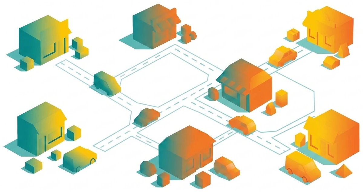 Edificios conectados en una red de distribución