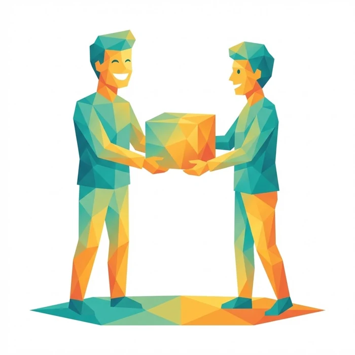 Ilustración de dos personas que sostienen un paquete durante una entrega en mano.
