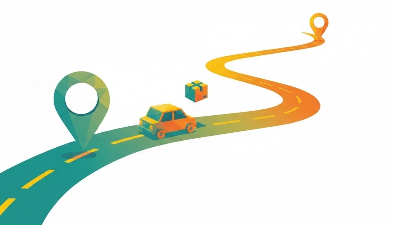 Ilustración de una carretera entre dos ubicaciones, con un coche y un paquete.